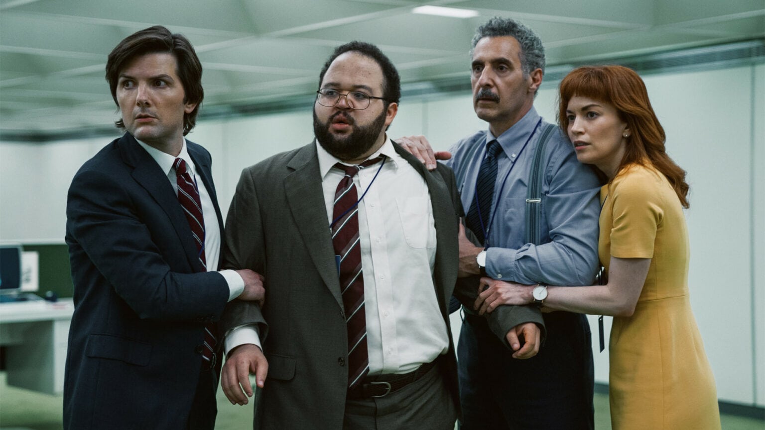 From left, Adam Scott, Zach Cherry, John Turturro and Britt Lower star in “Severance.”