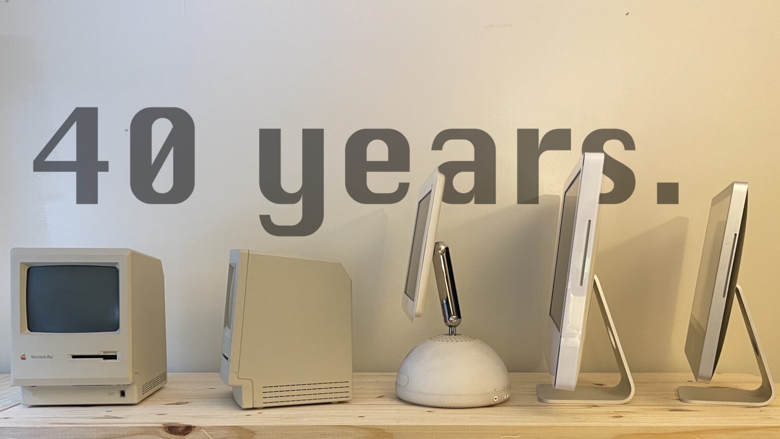 From left to right: Mac Plus, Mac Classic, iMac G4, iMac G5, Intel iMac.