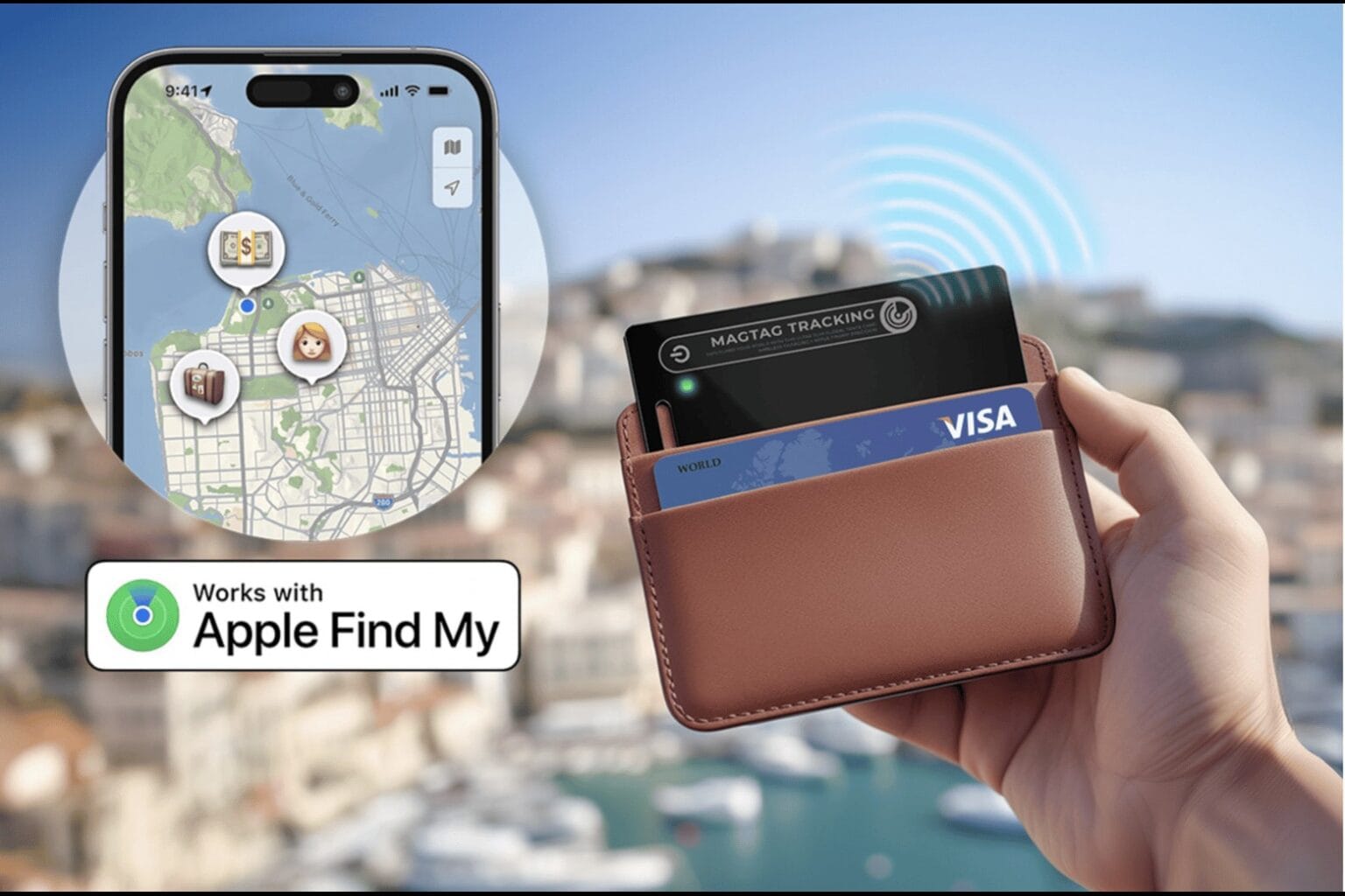 Product photo of the MagTag wallet tracker card that works with Apple Find My network