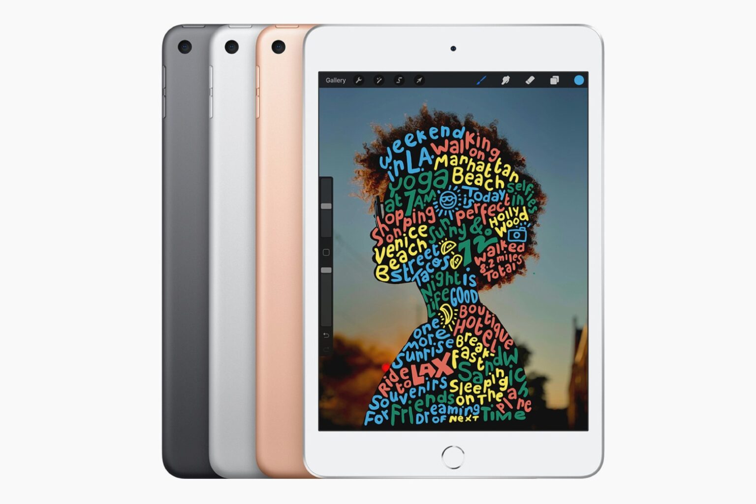 Product photo of four models of refurbished iPad mini 5 with a white background