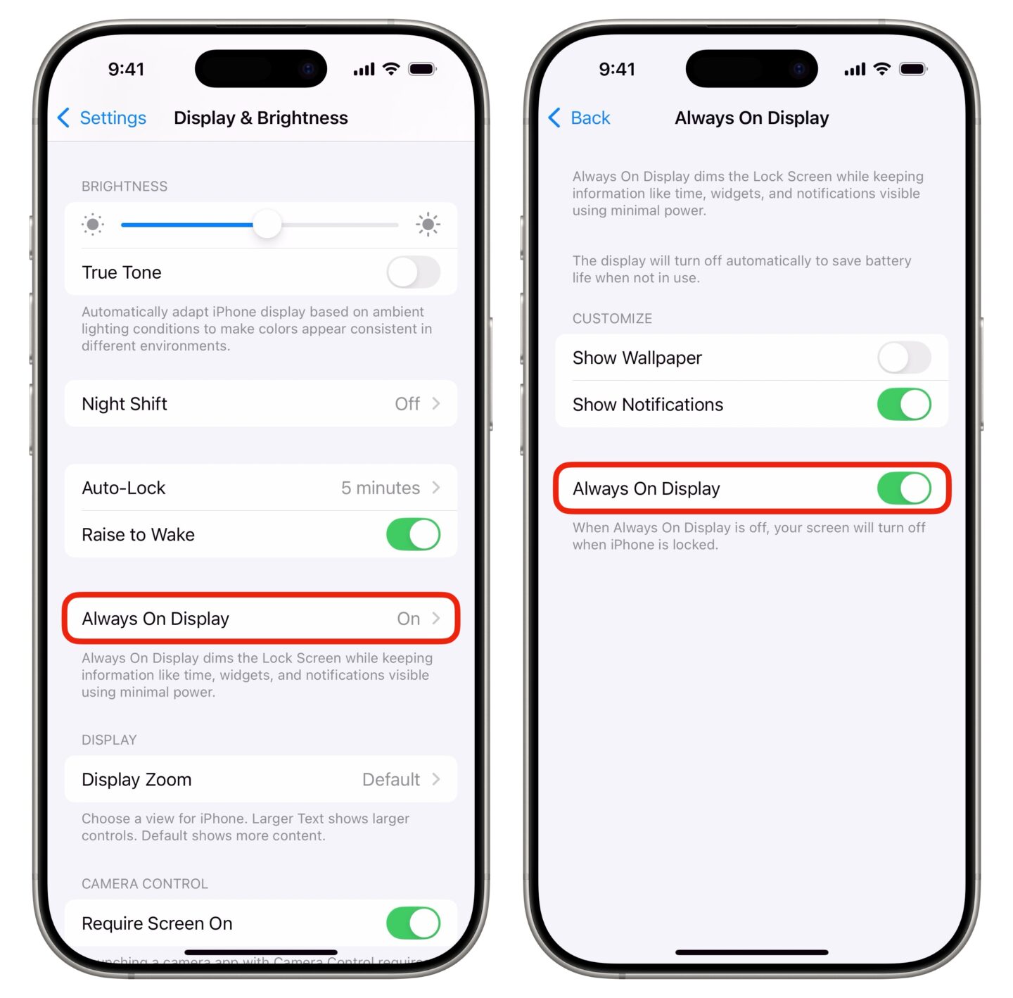 Screenshot show how to turn off the iPhone always-on display, which will save battery life