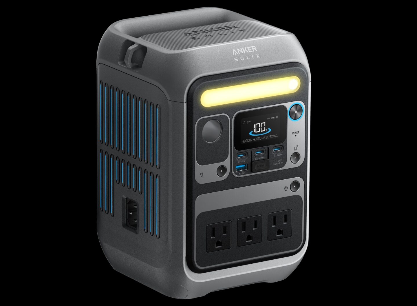 Product shot of Anker Solix C300 power station with three AC outlets