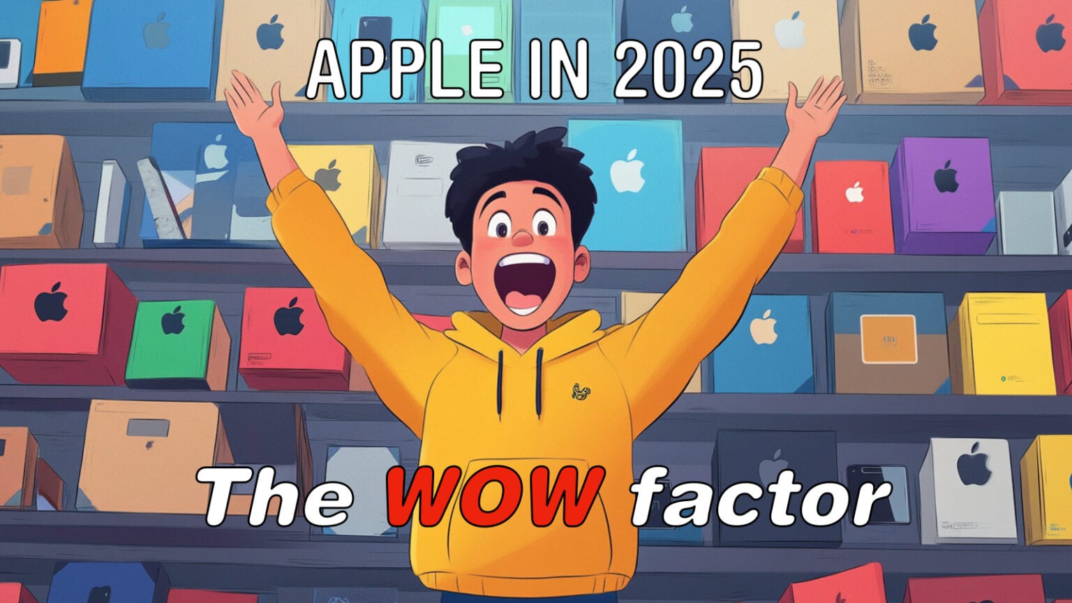 Cartoon image of happy shopper in front of a wall of new Apple products. Copy overlay says, 