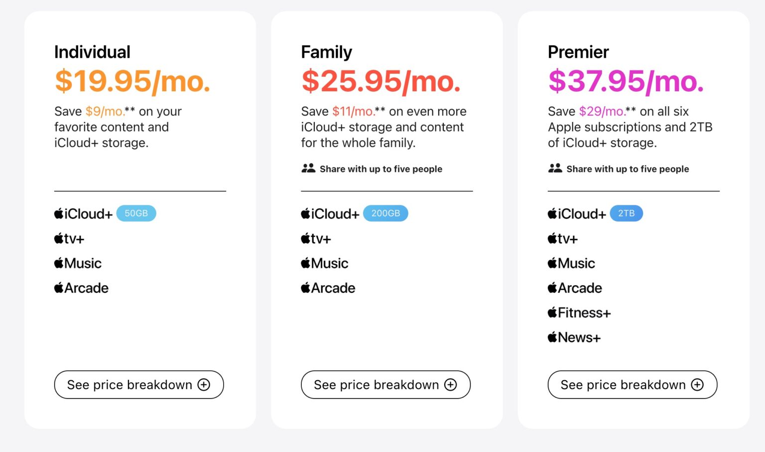 A screenshot showing Apple One subscription bundle prices 2024