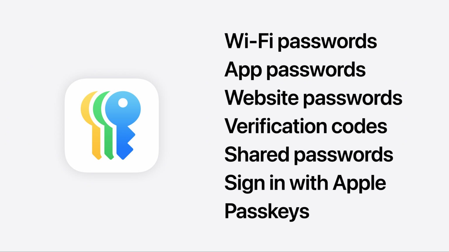 The new Apple Passwords app logo, along with all the types of things you can save: Wi-Fi, app, website and shared passwords; verification codes; passkeys; and Sign in with Apple logins.