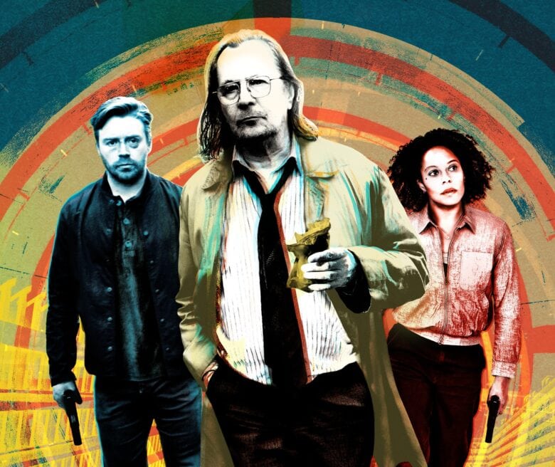 "Slow Horses" stars Jack Lowden, Gary Oldman and Rosalind Eleazar, shown in a stylized image from the Apple TV+ spy thriller.