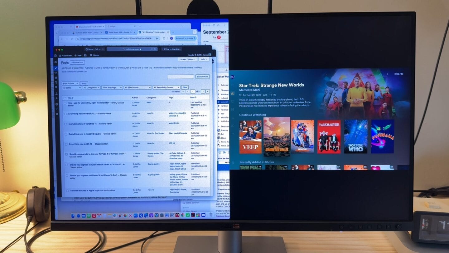 ASUS ProArt 5K showing both a Mac display and an Apple TV in the Plex app