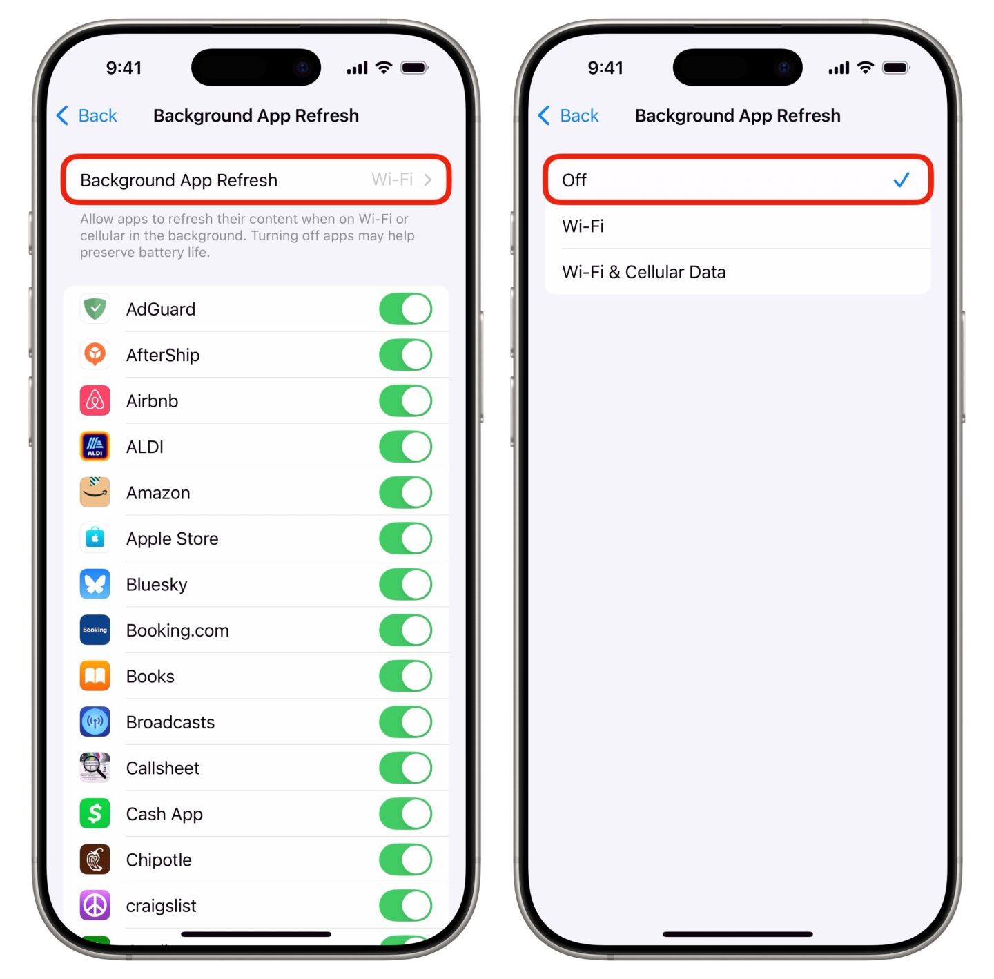 Screenshot shows how to turn off iPhone's Background App Refresh to save battery life