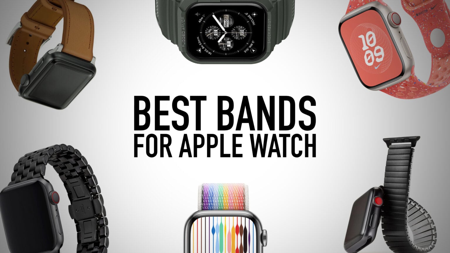 Graphic showing various best Apple Watch bands for Series 9 and previous.