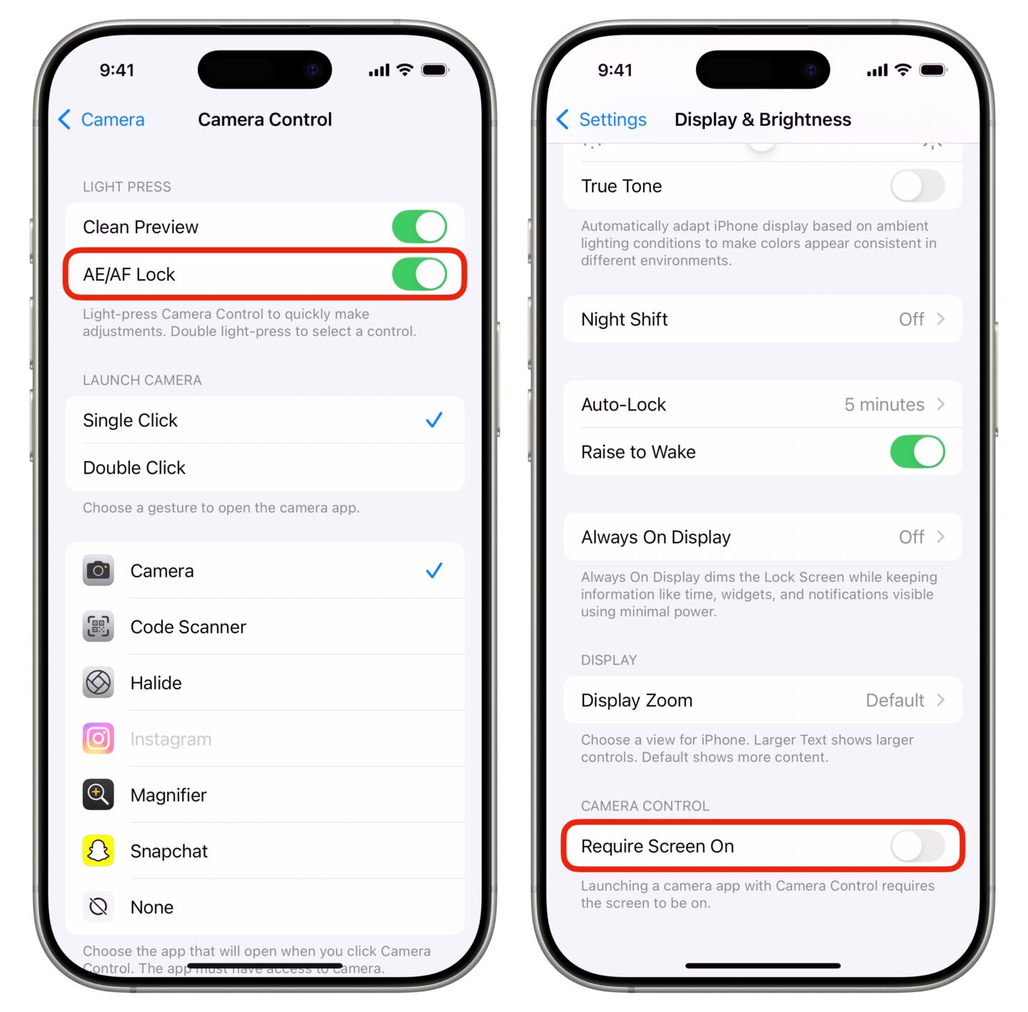 Camera Control settings for AE/AF Lock and Require Screen On