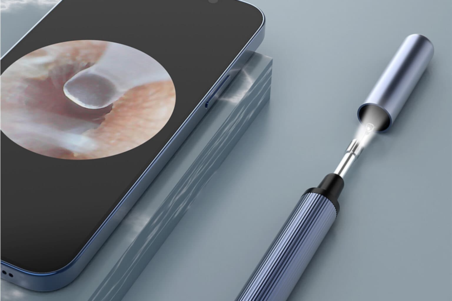 Product shot of ear camera that connects to iPhone or Android for easy earwax removal