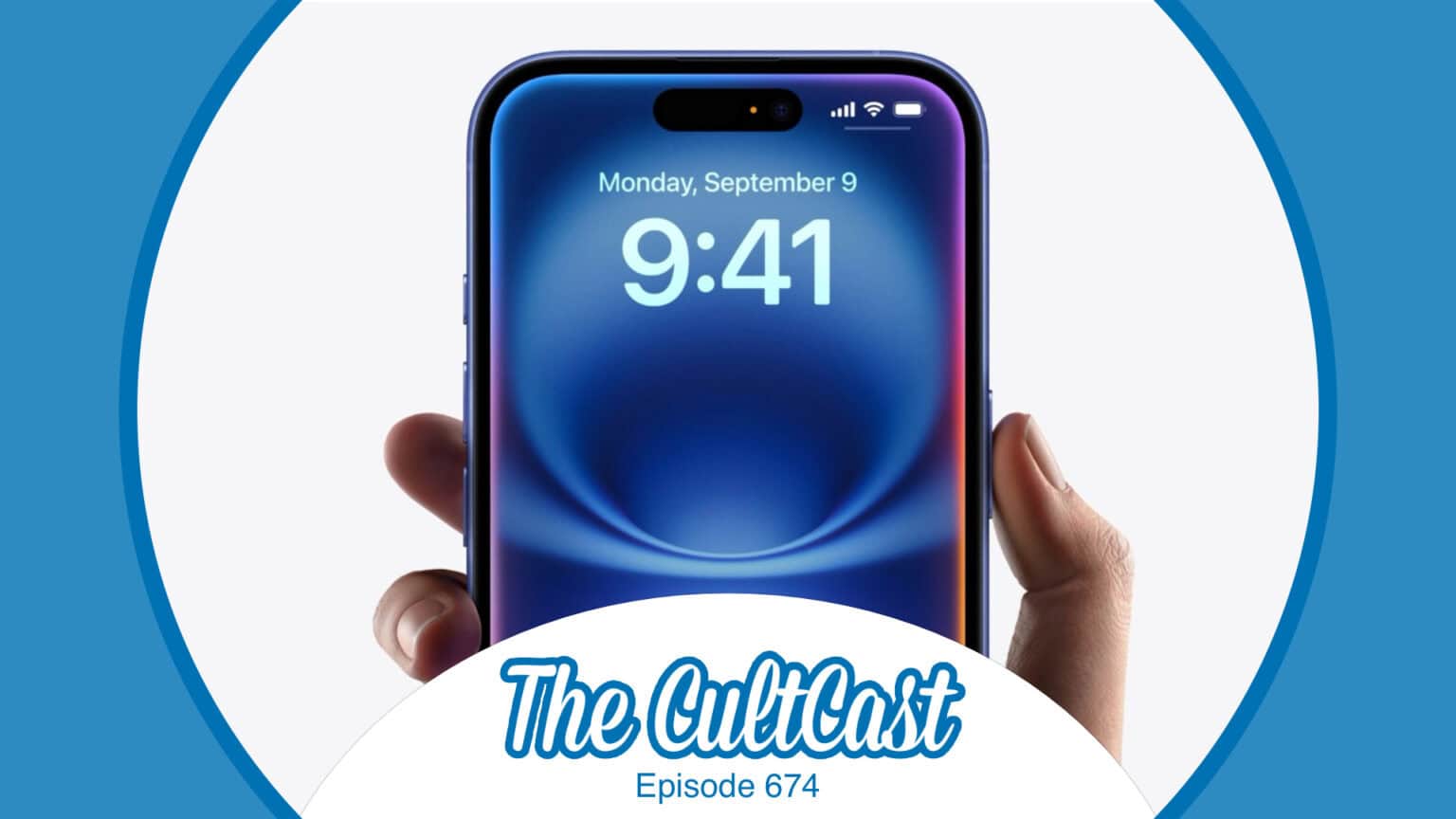 Photo of a hand holding an iPhone, along with The CultCast logo and episode 674.