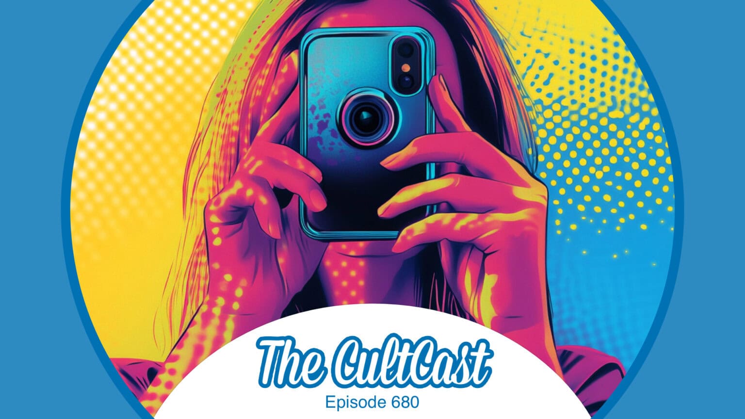 AI-generated image of person taking photo with smartphone, plus The CultCast logo (episode 680).