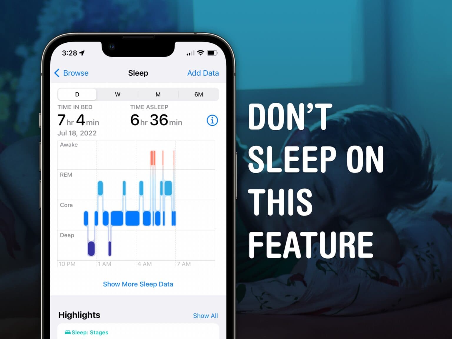 Sleep stage tracking on Apple Watch, captioned, “Don’t Sleep On This Feature”