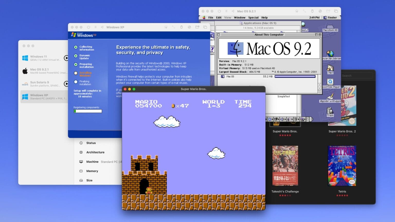 Windows XP, Mac OS 9 and Super Mario Bros. running in emulators on a Mac