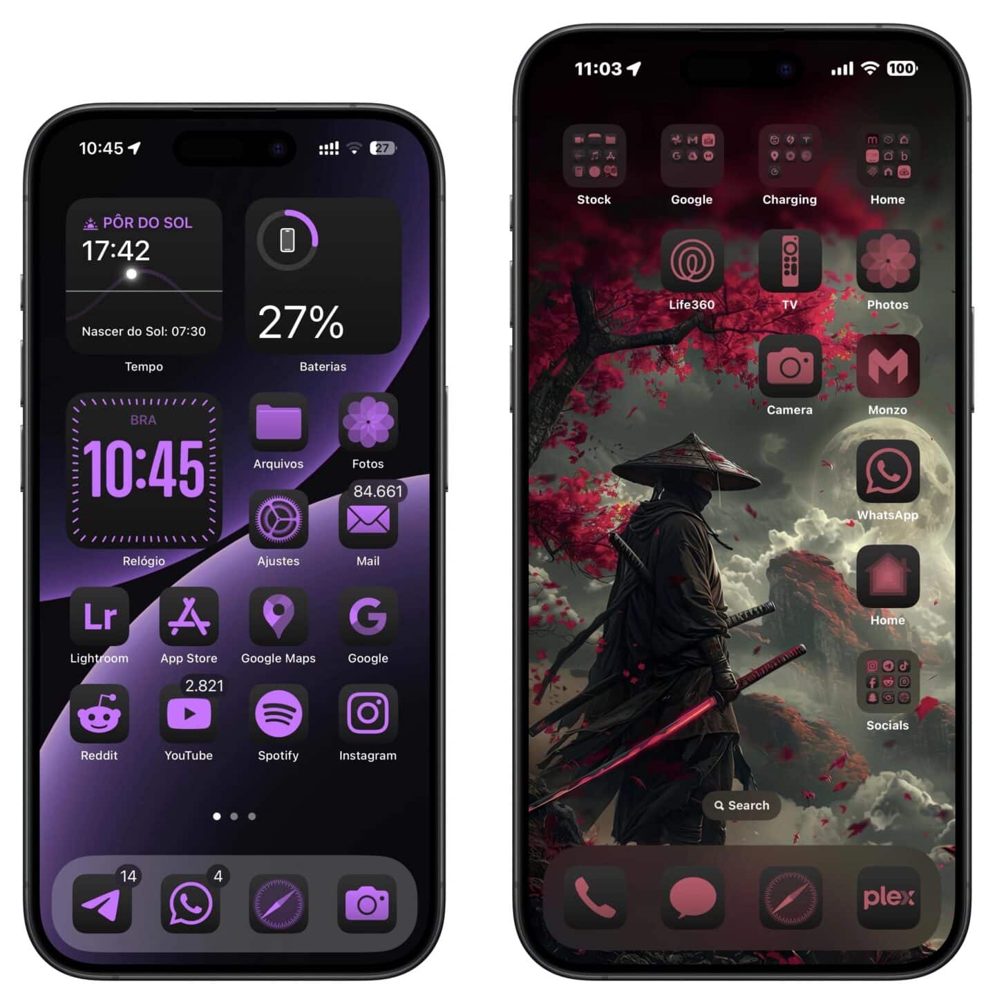 Dark purple and dark red home screens made in iOS 18