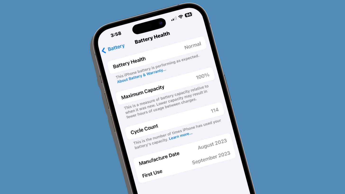 iPhone 15 Battery Health and charge cycles