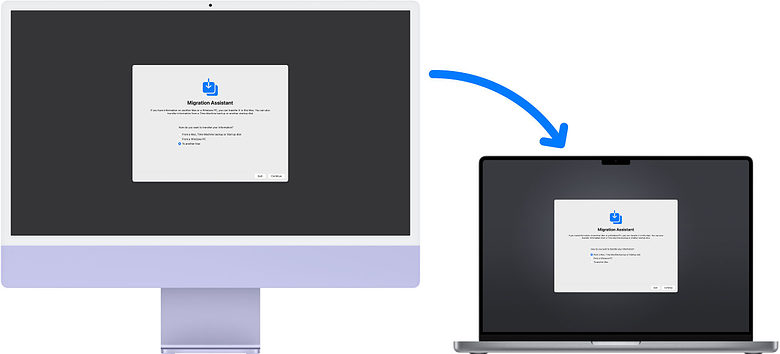 Migration Assistant running on an iMac and MacBook Pro