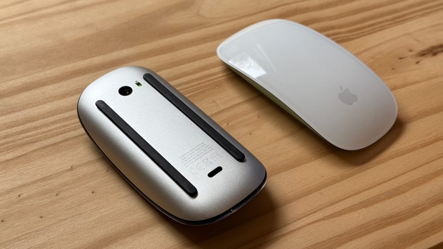 Magic Mouse upside down, showing the USB-C port on the bottom