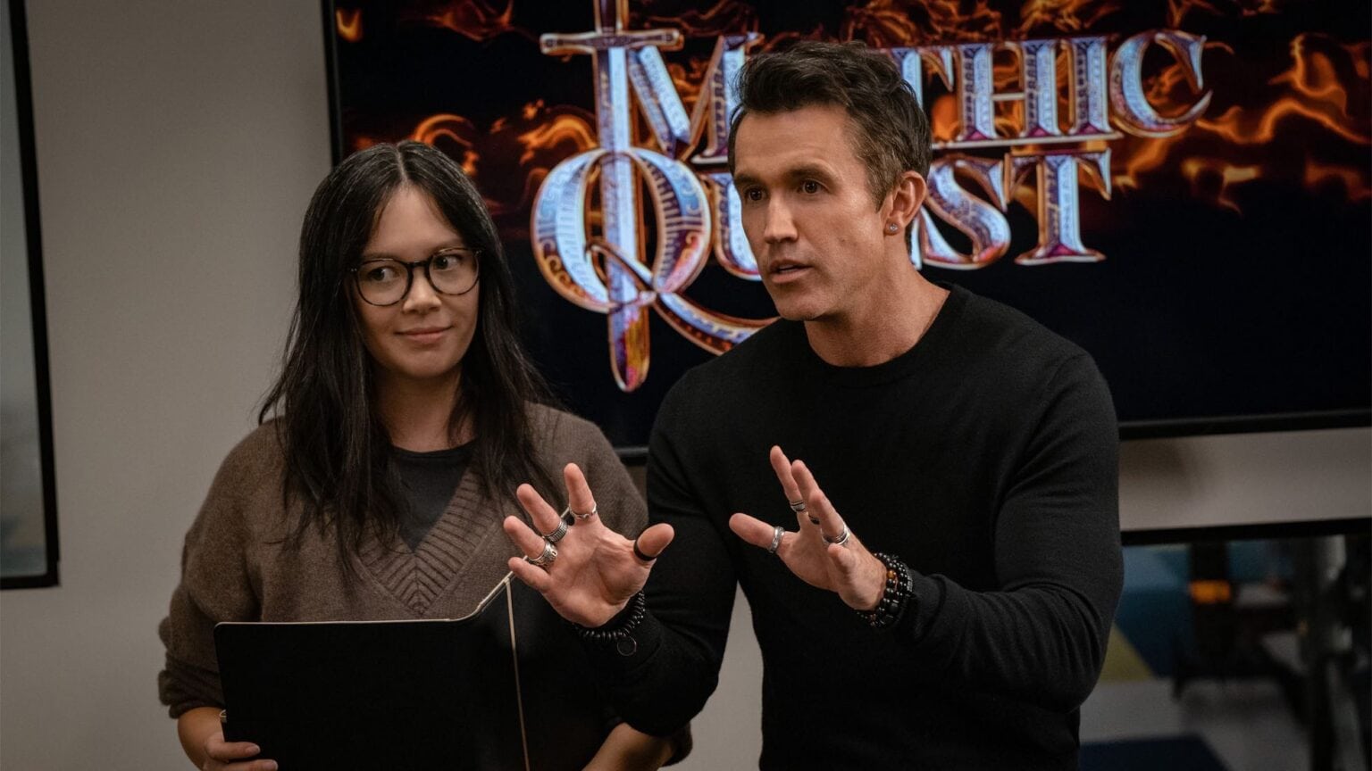 Rob McElhenney and Charlotte Nicdao in Mythic Quest season 4.