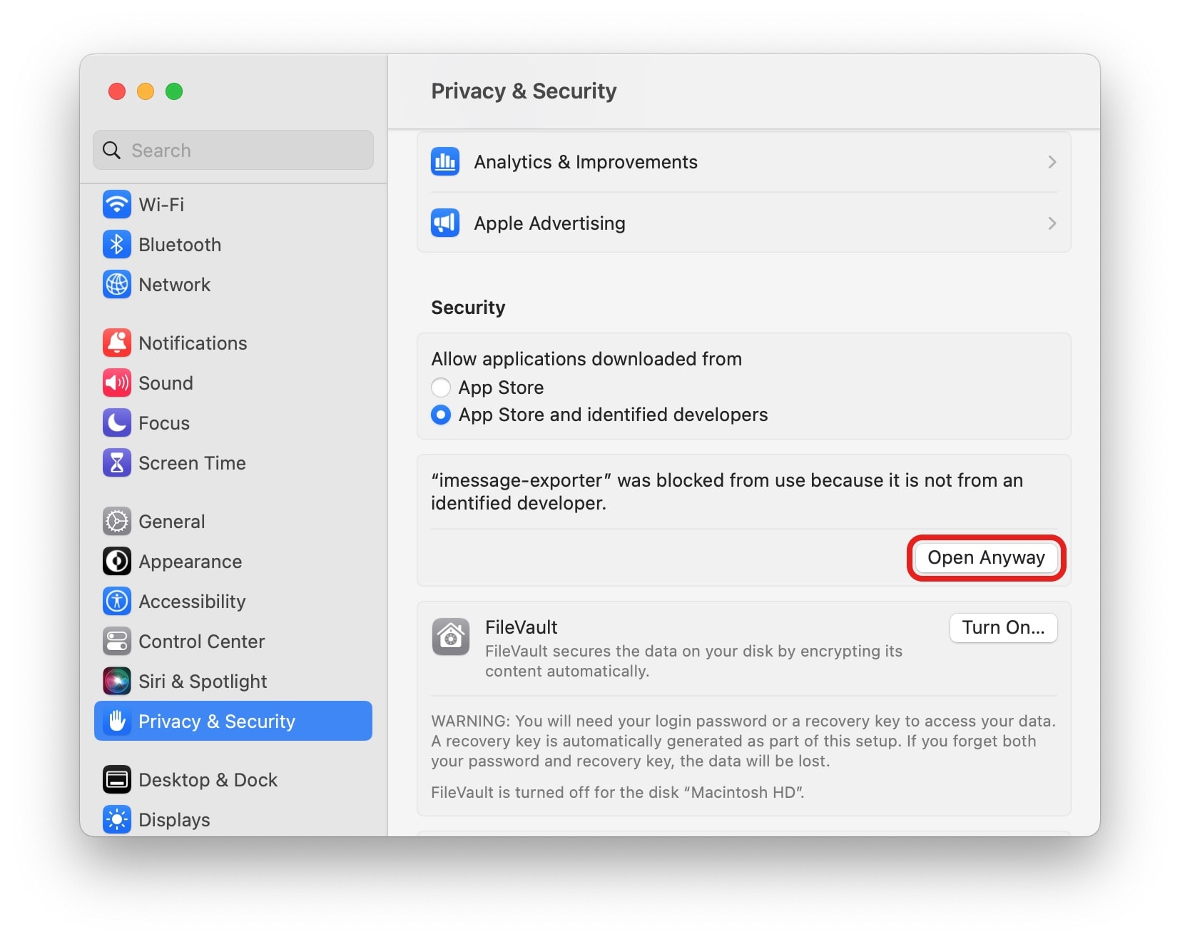 Click “Open Anyway” in System Settings