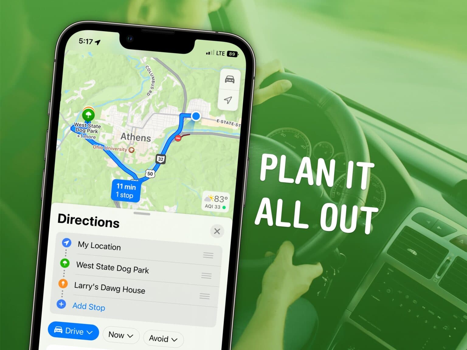 Plan multiple stops in Apple Maps. Captioned, “Plan It All Out”