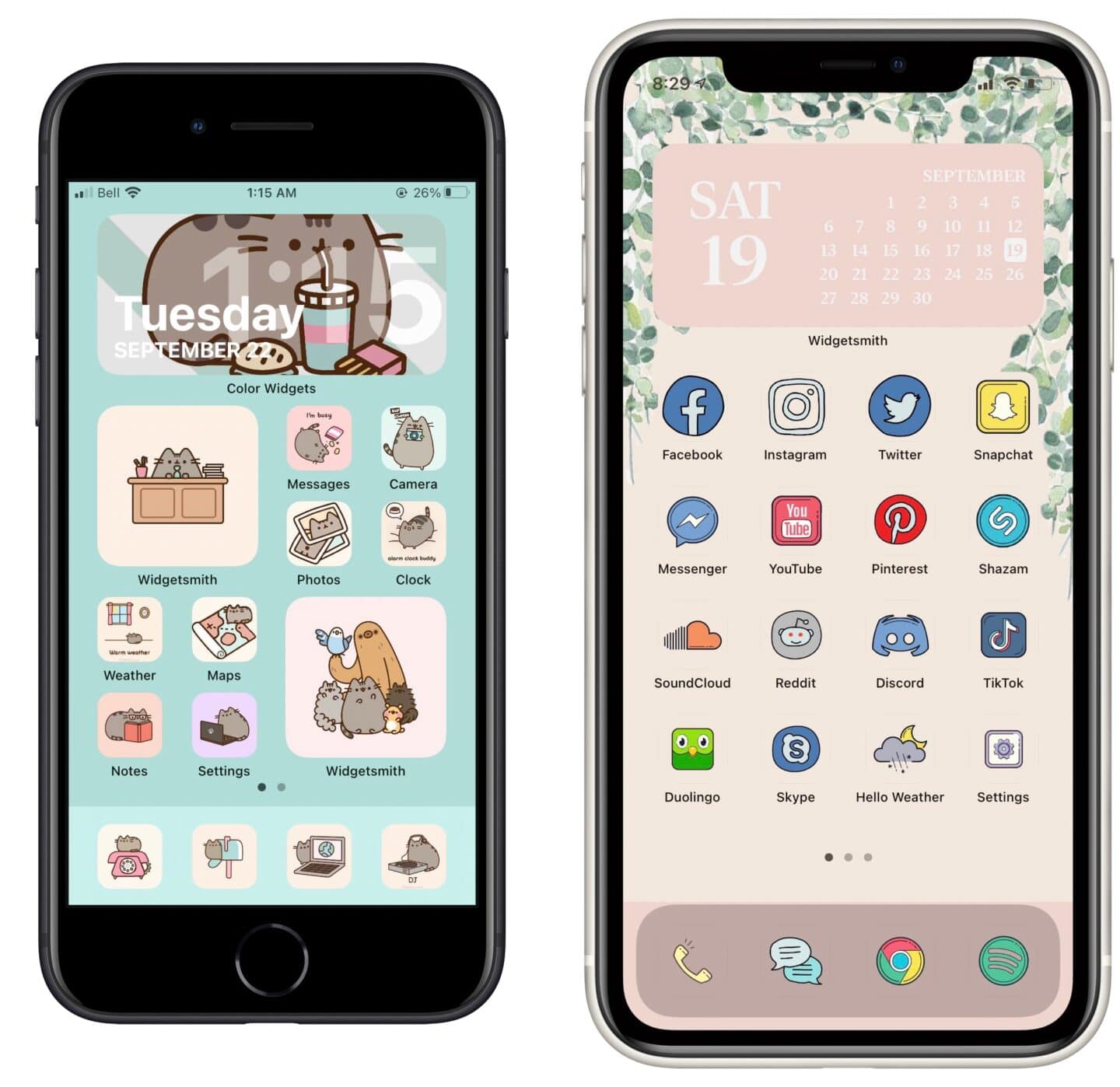 Two custom home screens with cartoon cat icons and sketch icons