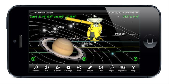 Above: Cassini orbiting Saturn ten days before the imaging event, fully illuminated in sunlight.
Simulated by SkySafari Pro on an iPhone 5.