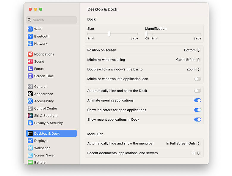 Desktop & Dock panel in System Settings