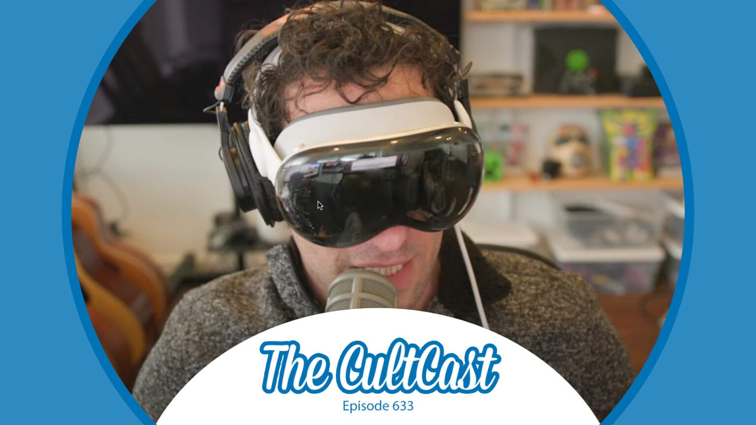 CultCast host Erfon Elijah wearing an Apple Vision Pro headset behind a microphone, recording the podcast. The CultCast episode 633.