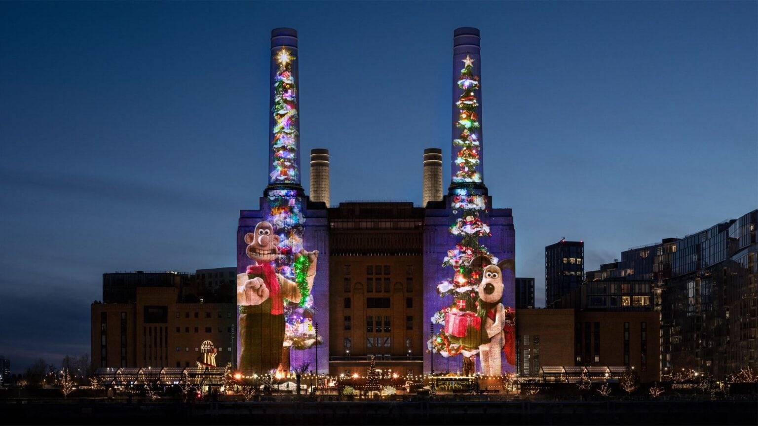 Wallace & Gromit tower over Battersea Power Station this Christmas