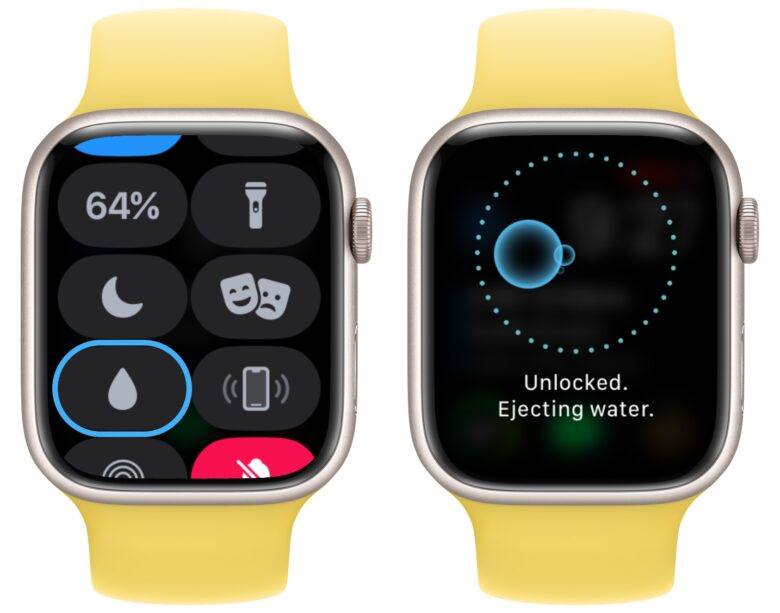 Enable Water Lock by swiping up from Control Center. Hold in the Digital Crown to unlock it and eject water.