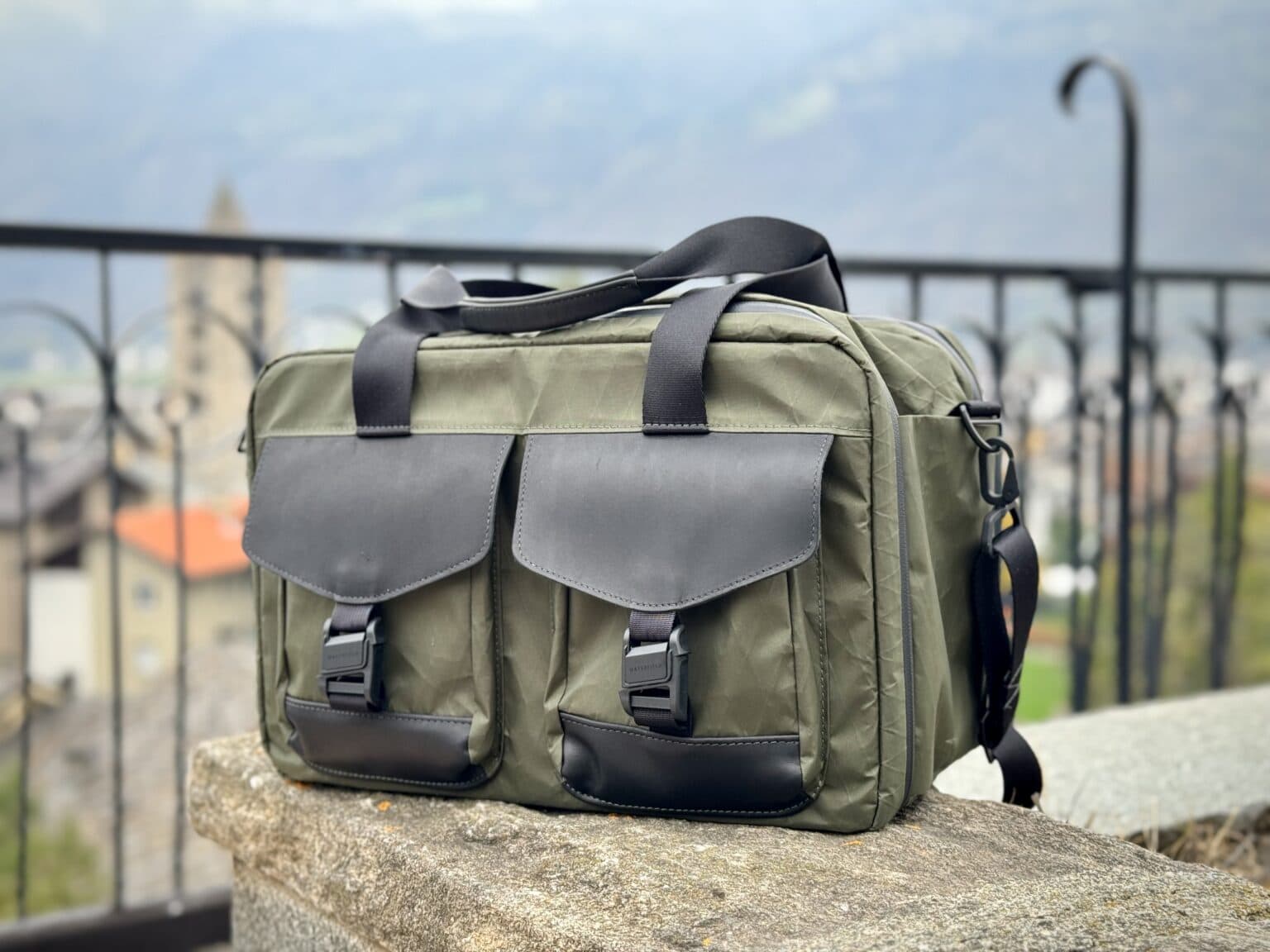 Photo of WaterField Designs X-Air Duffel on a rooftop balcony in Italy.