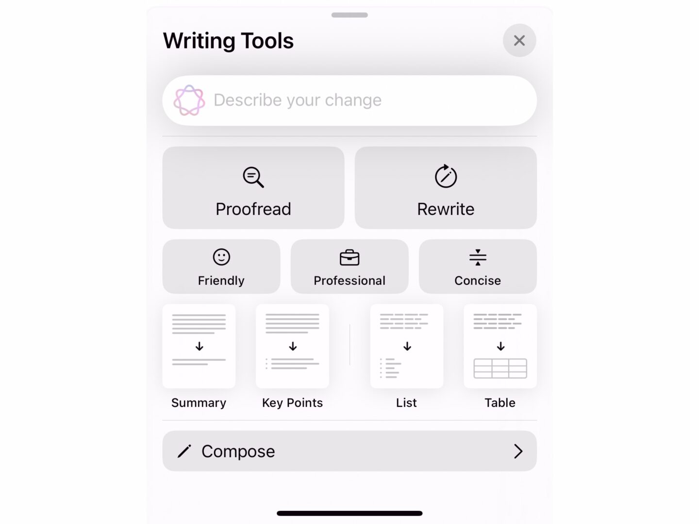 Screenshot of Apple's AI Writing Tools palette